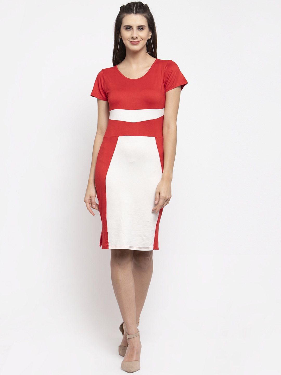 

Karmic Vision Women Red & White Colourblocked Sheath Dress