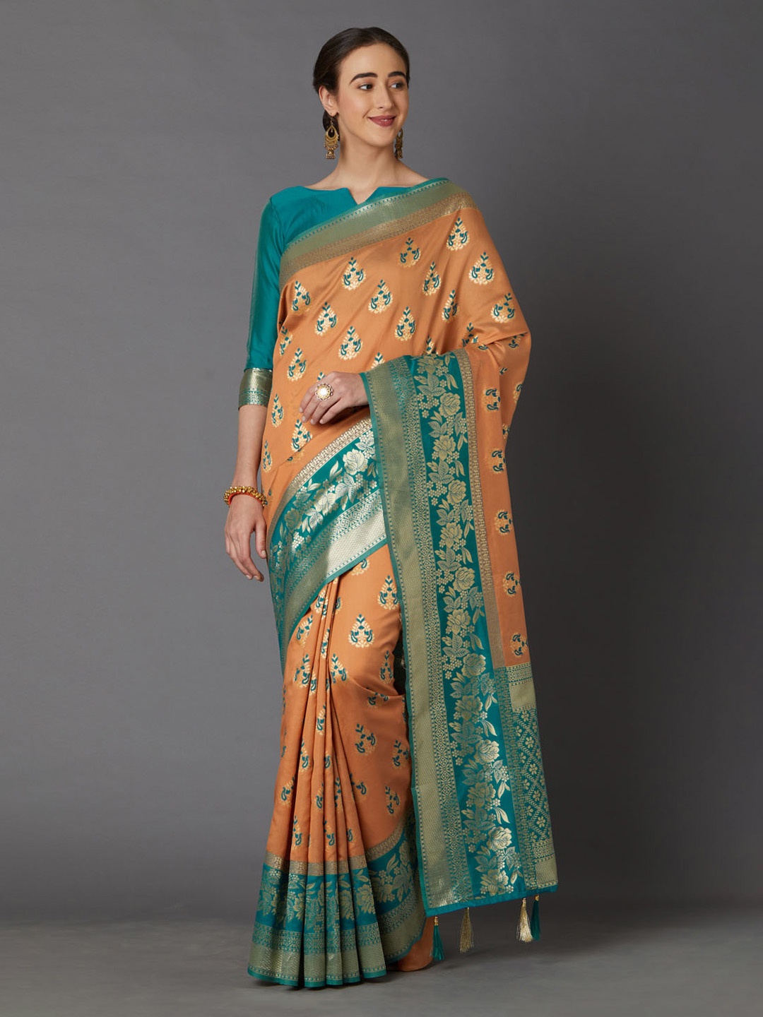 

Mitera Orange & Sea Green Silk Blend Woven Design Kanjeevaram Saree