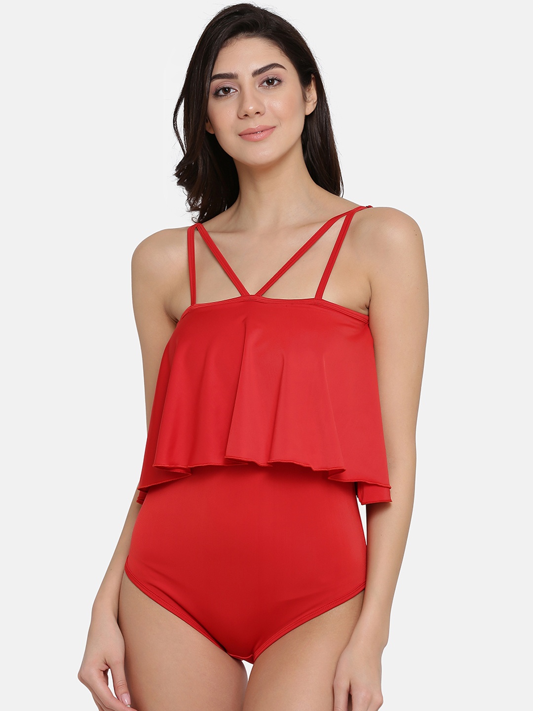 

Clovia Women Red Solid Padded Frilled Monokini Bodysuit SM0113P04S