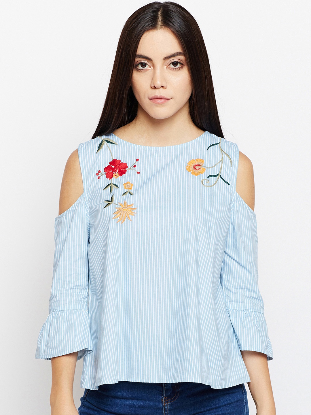 Oxolloxo Women Blue & White Embroidered A-Line Pure Cotton Top