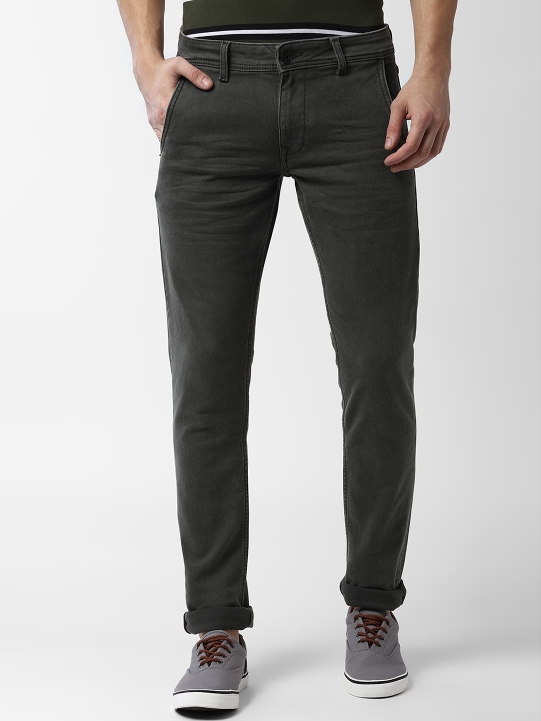 Peter England Casuals Men Charcoal Grey Skinny Fit Mid-Rise Clean Look Stretchable Jeans