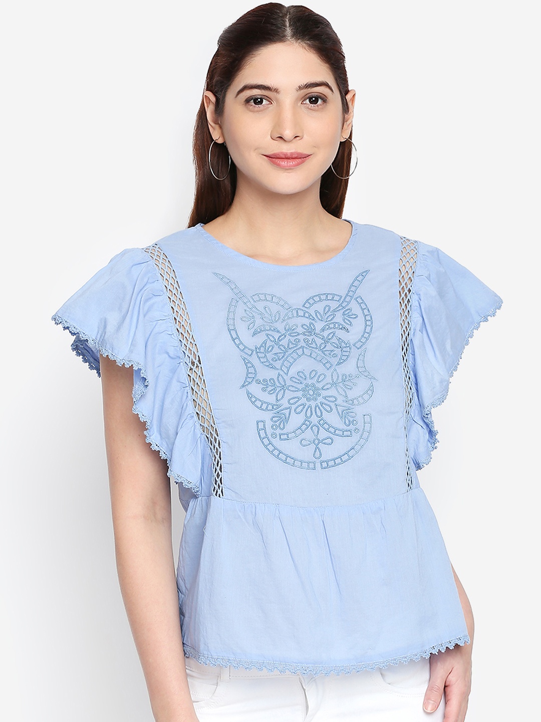 

Oxolloxo Women Blue Embroidered Pure Cotton Top