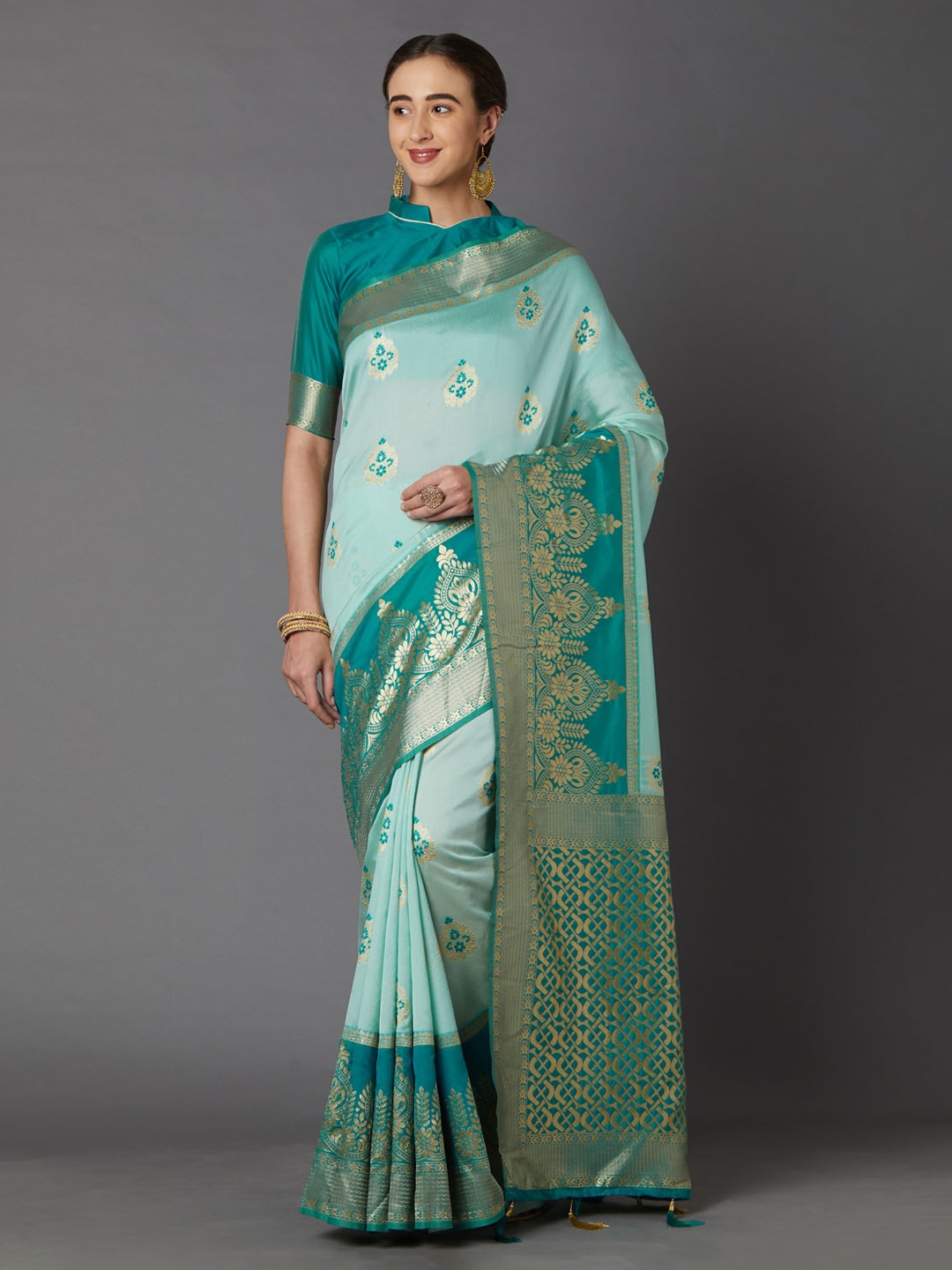 

Mitera Sea Green & Gold-Coloured Silk Blend Woven Design Kanjeevaram Saree