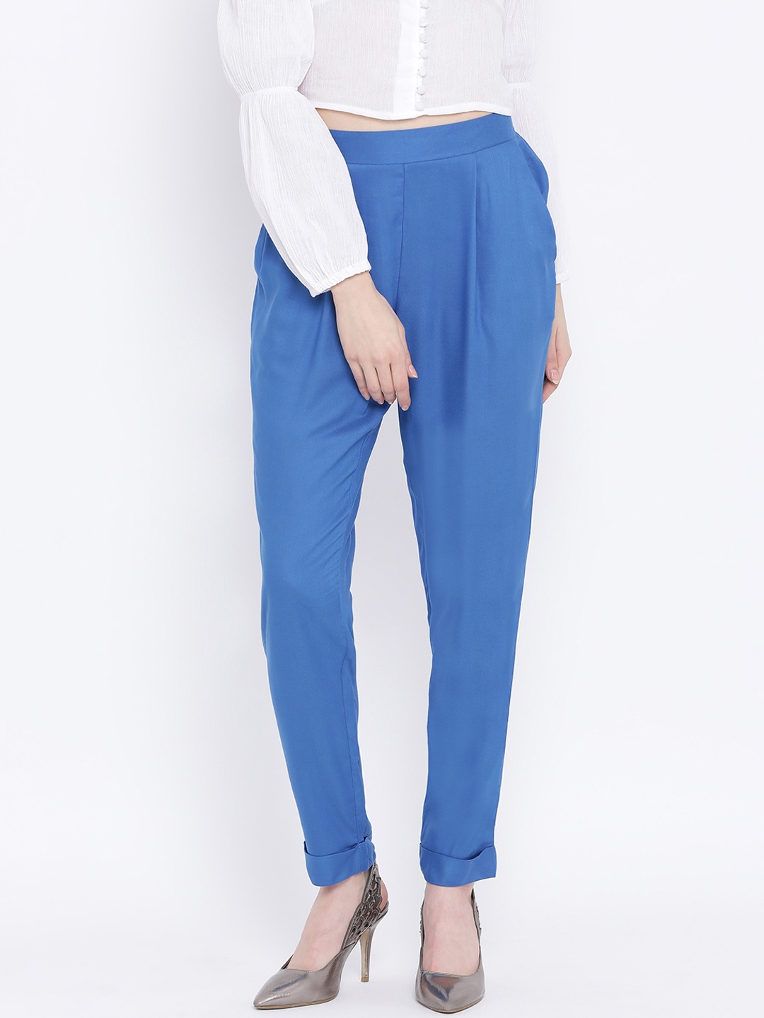 

Oxolloxo Women Blue Regular Fit Solid Cigarette Trousers