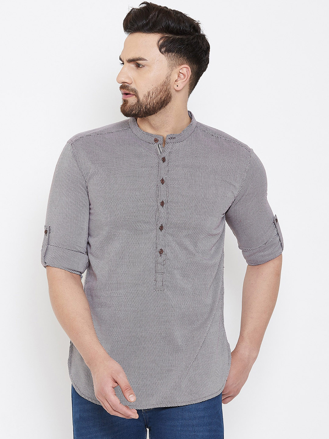 

even Men Brown & Off-White Woven Design Straight Kurta