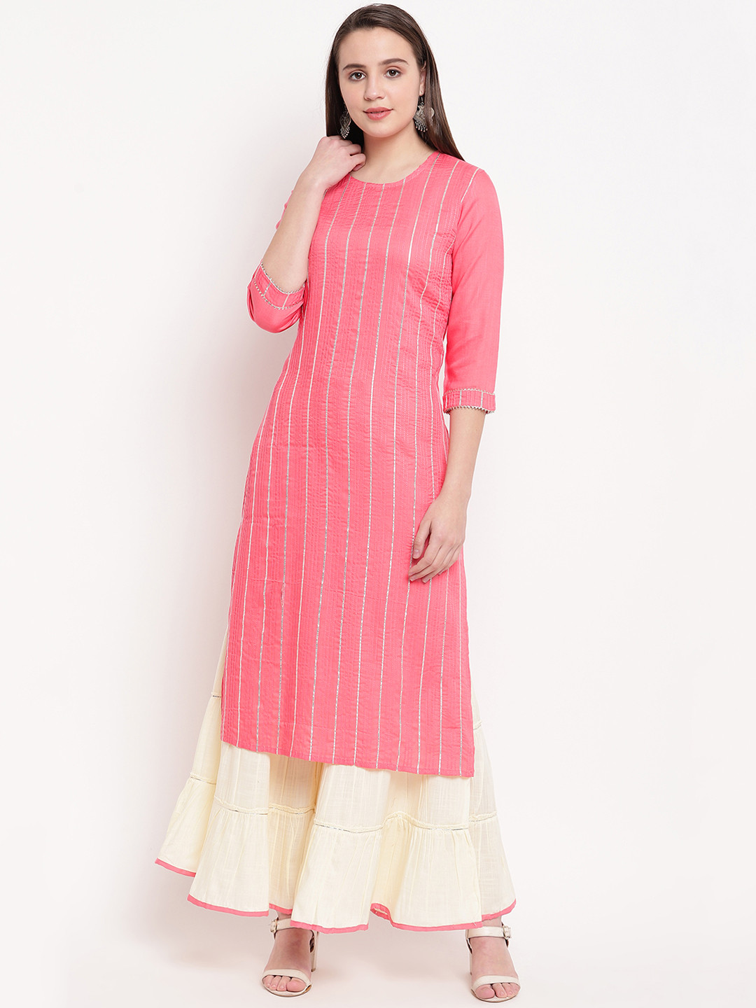 

Vbuyz Women Pink Striped Regular Kurta with Sharara