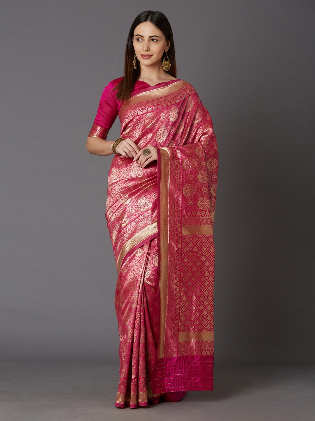 Mitera Pink & Gold-Toned Silk Blend Woven Design Kanjeevaram Saree