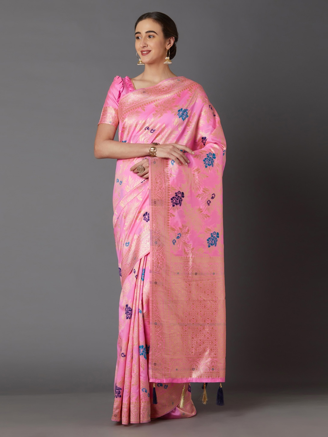 

Mitera Pink & Gold-Coloured Silk Blend Woven Design Kanjeevaram Saree