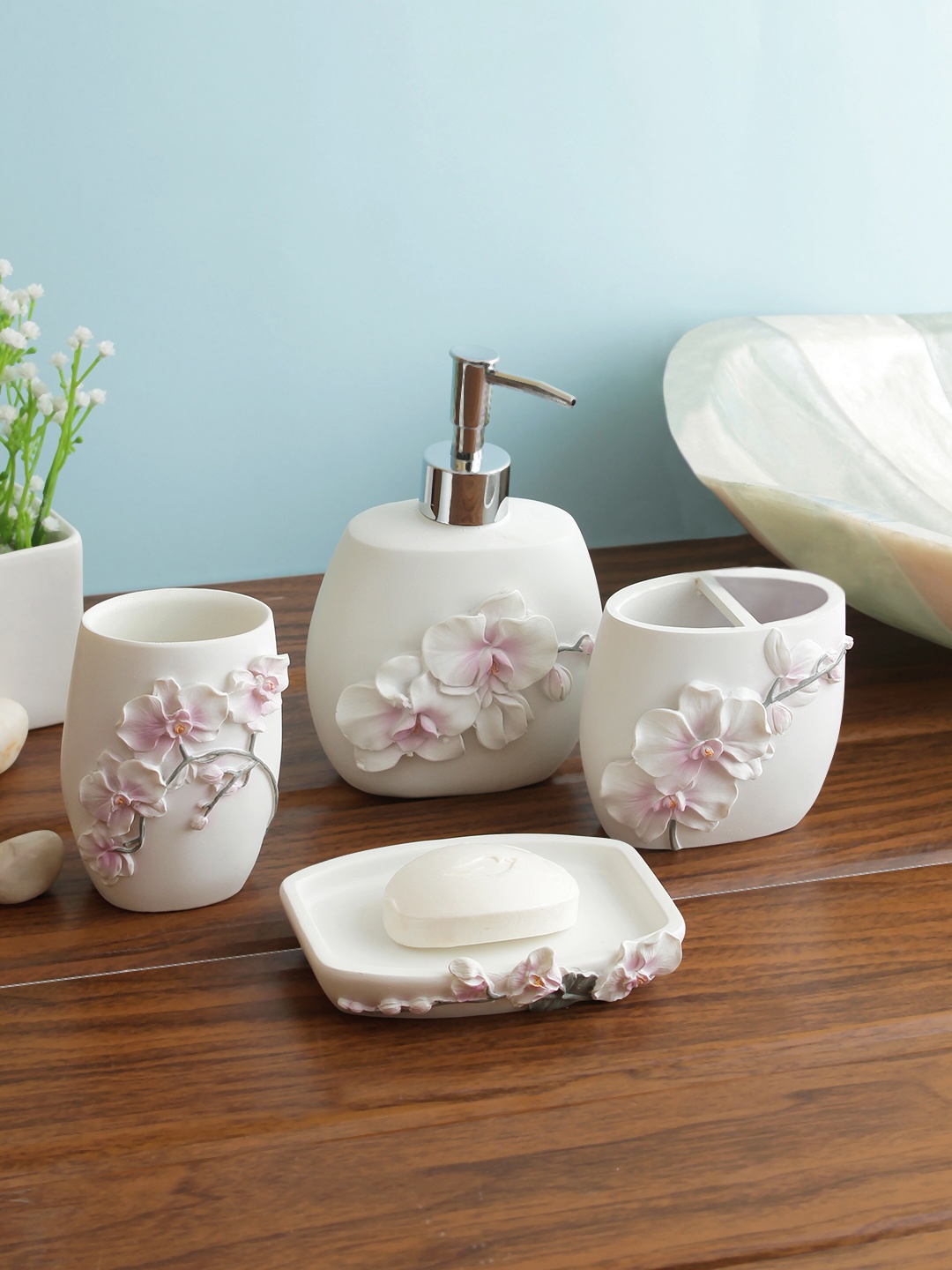 

Cortina Set Of 4 White & Pink Floral Resin Bathroom Accessories