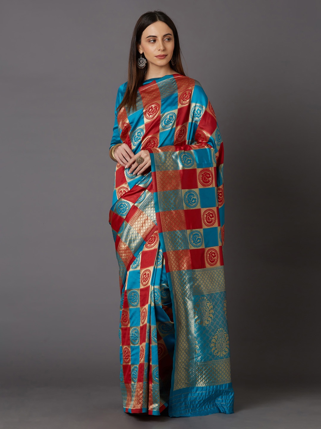 

Mitera Turquoise Blue & Red Silk Blend Woven Design Kanjeevaram Saree