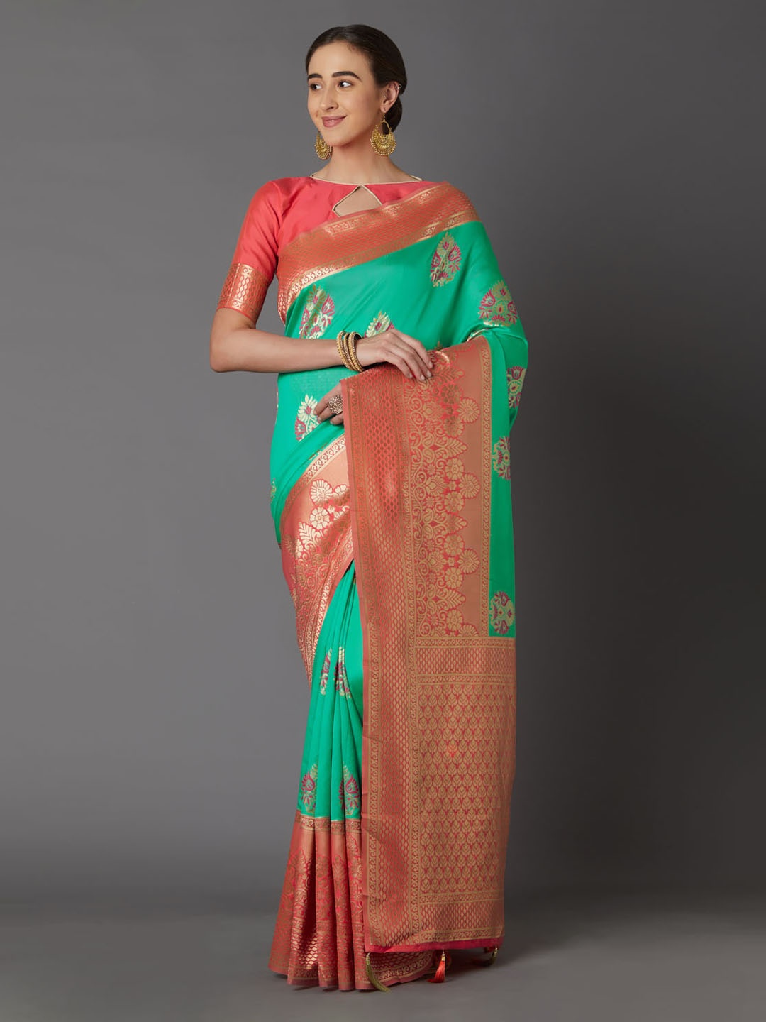 

Mitera Sea Green & Peach-Coloured Silk Blend Woven Design Kanjeevaram Saree