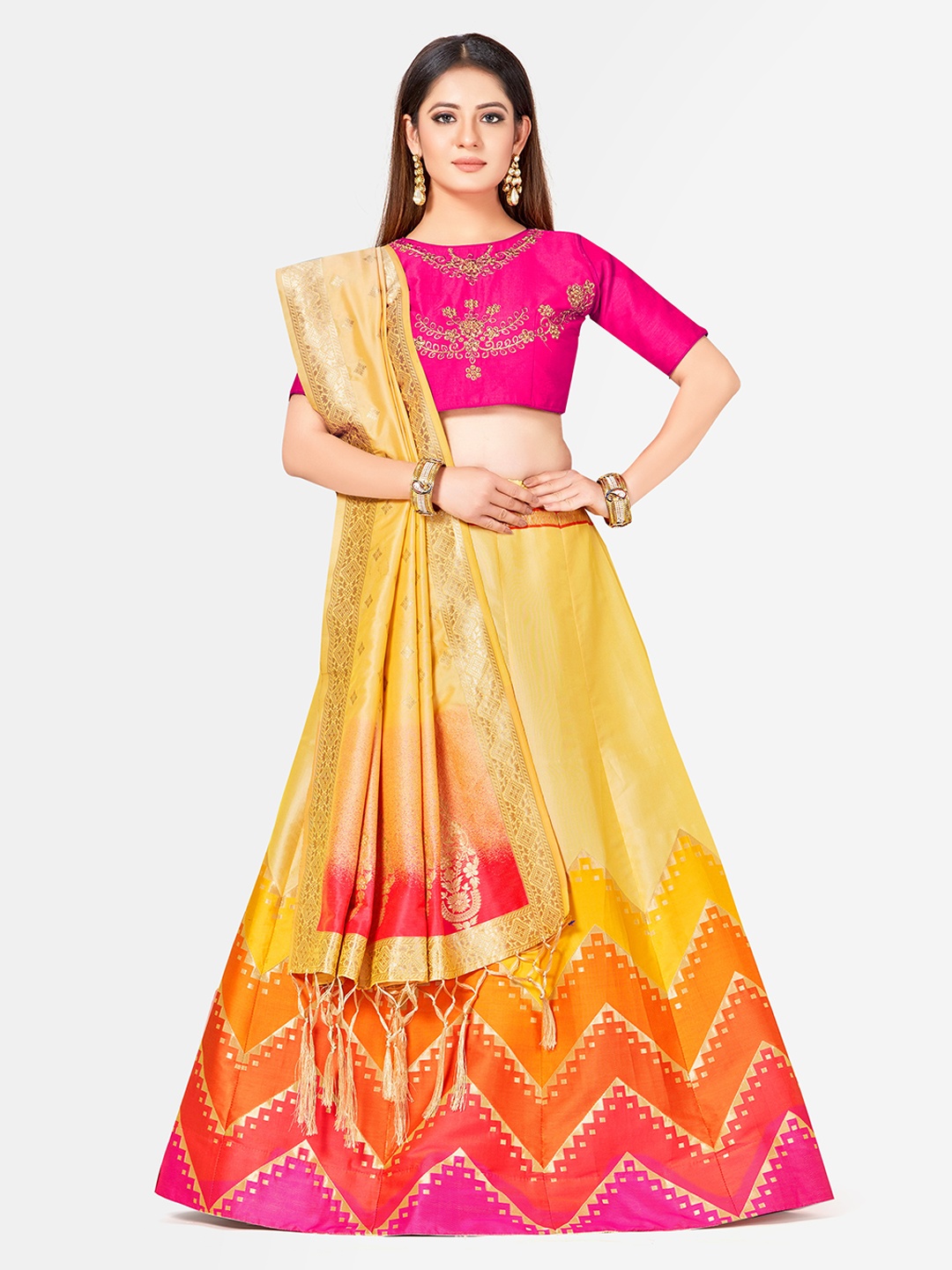 

MIMOSA Yellow & Pink Embroidered Semi-Stitched Lehenga & Blouse with Dupatta