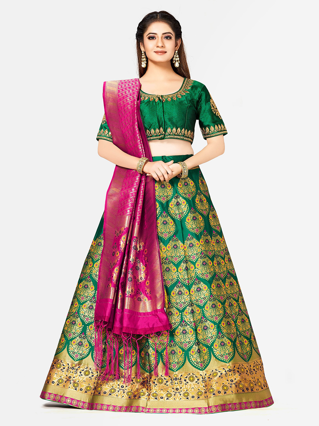 

MIMOSA Green & Pink Embroidered Semi-Stitched Lehenga & Blouse with Dupatta