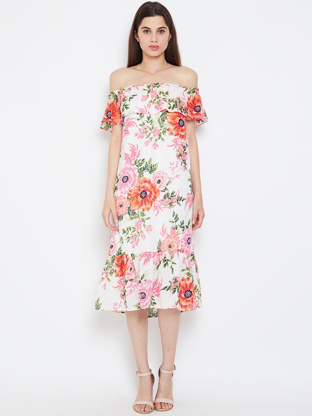 

Oxolloxo Women White & Pink Printed Fit and Flare Dress