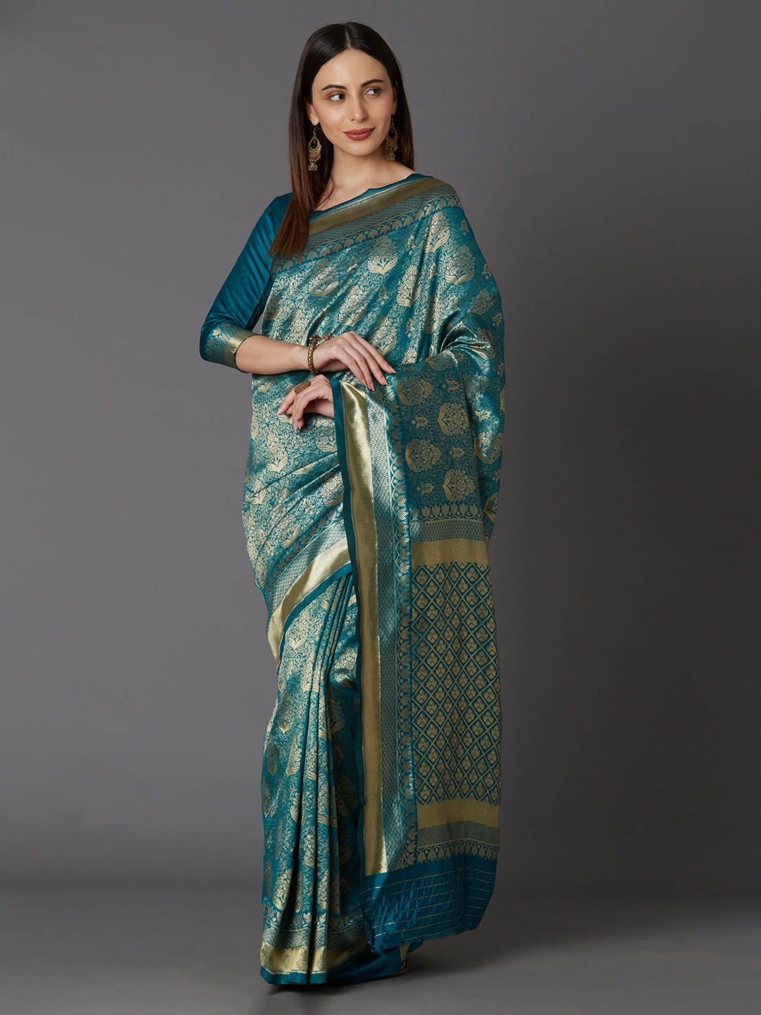

Mitera Turquoise Blue & Gold-Toned Silk Blend Woven Design Kanjeevaram Saree