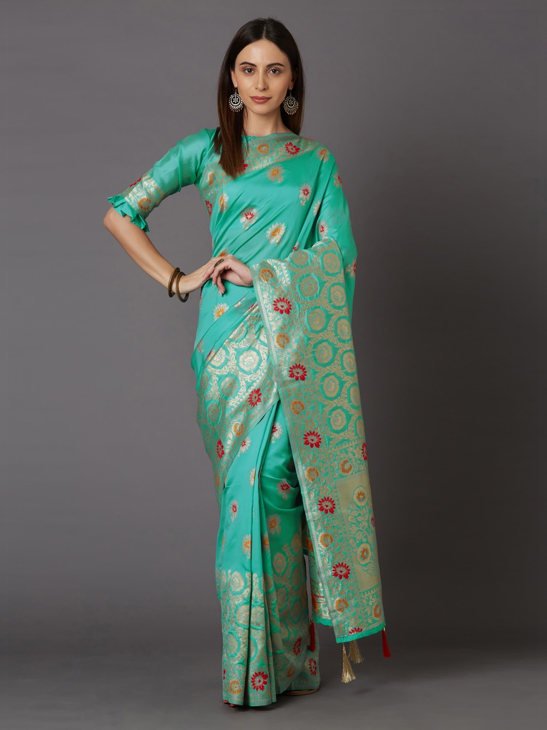 

Mitera Turquoise Blue & Gold-Coloured Silk Blend Woven Design Kanjeevaram Saree