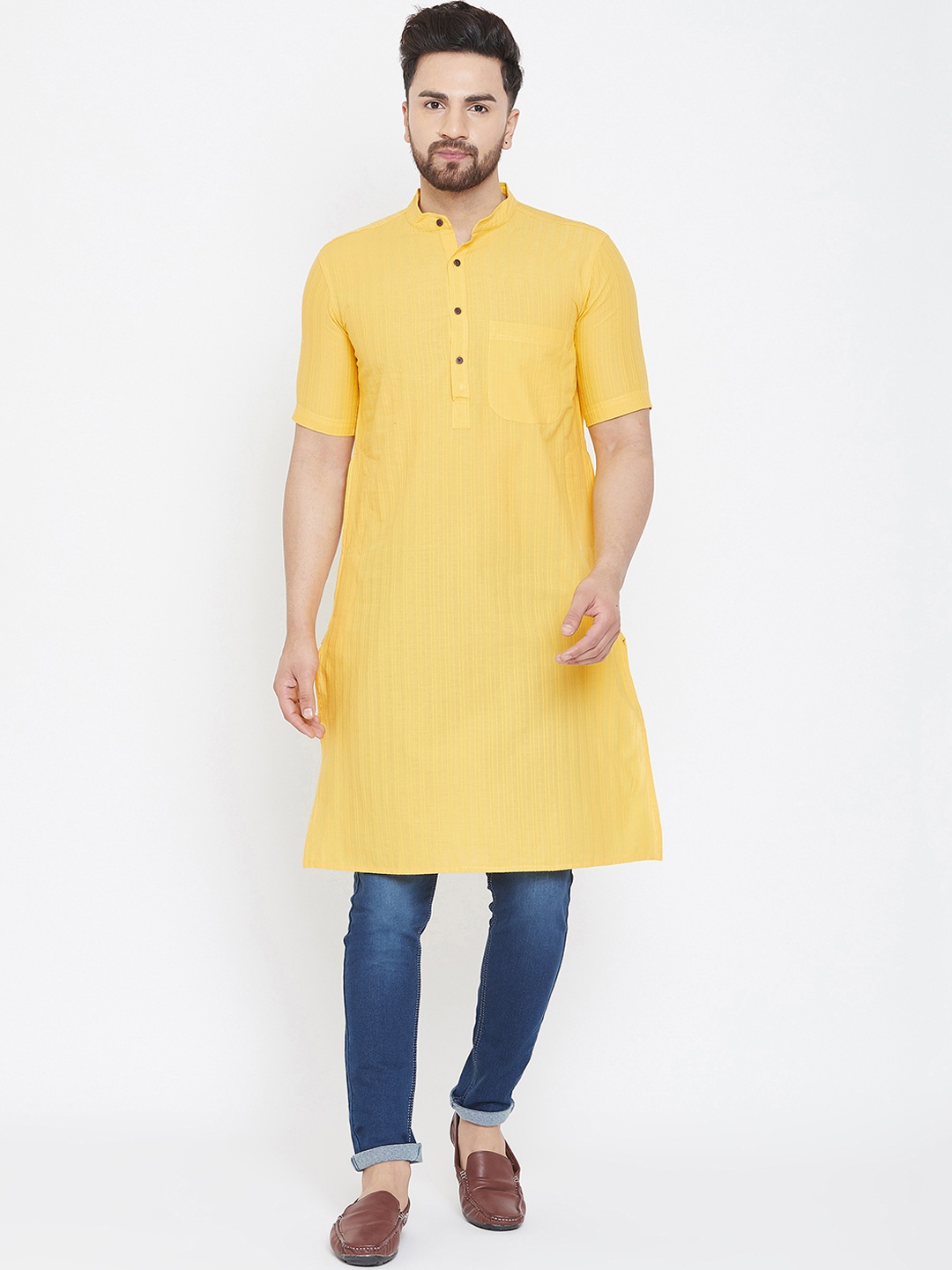 

even Men Yellow Striped Straight Kurta