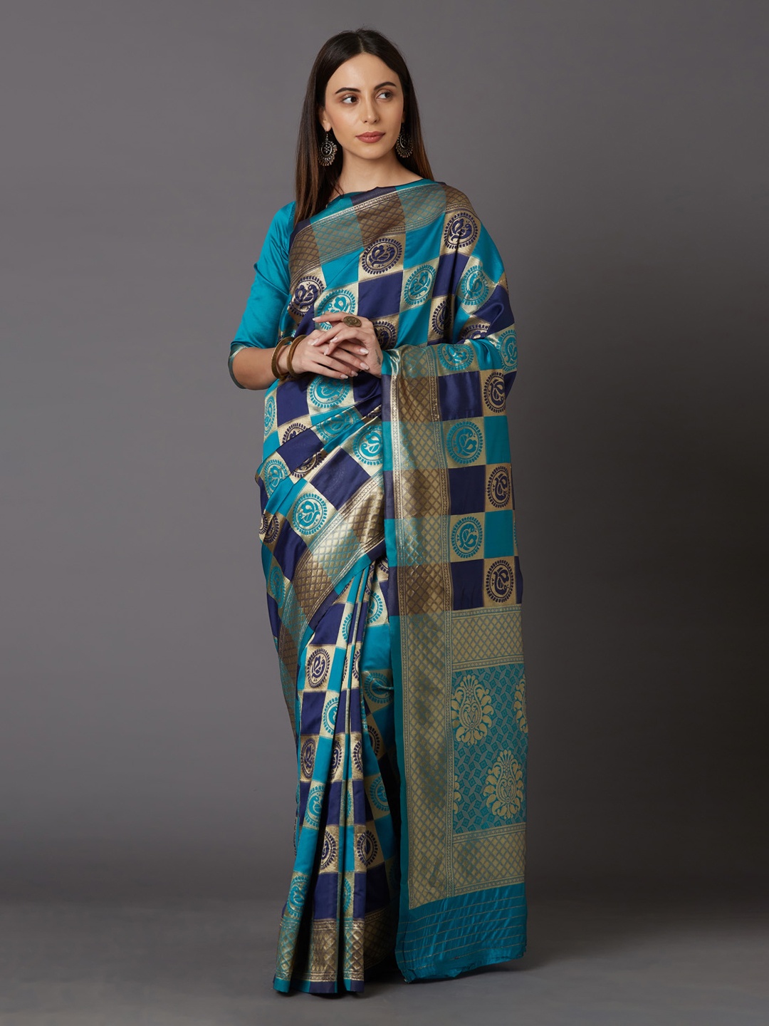 

Mitera Turquoise Blue & Gold-Toned Silk Blend Woven Design Kanjeevaram Saree