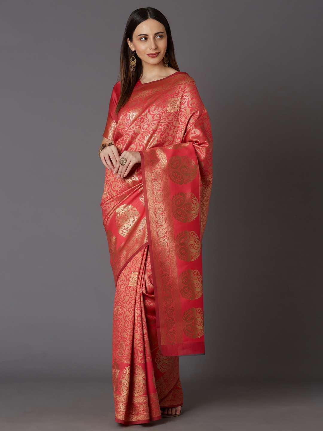 Mitera Red & Gold-Toned Silk Blend Woven Design Kanjeevaram Saree