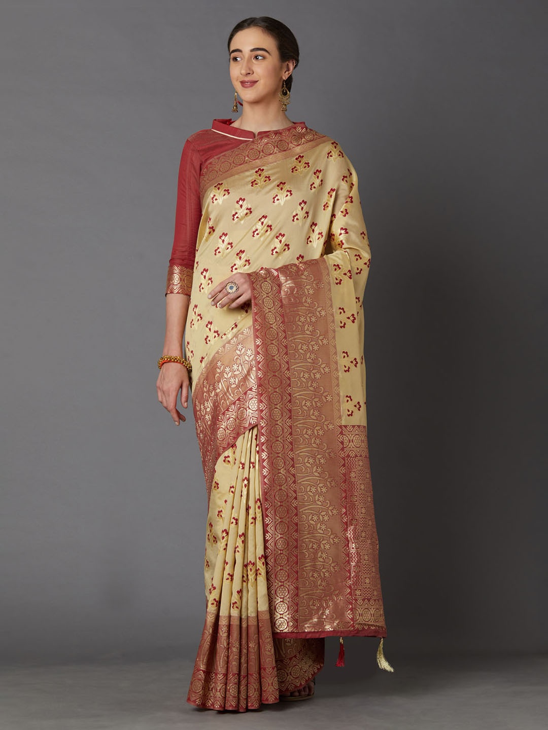 

Mitera Beige & Brown Silk Blend Woven Design Kanjeevaram Saree
