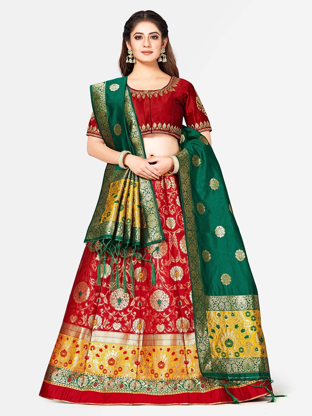 

MIMOSA Maroon & Green Woven Design Semi-Stitched Bridal Lehenga & Blouse with Dupatta