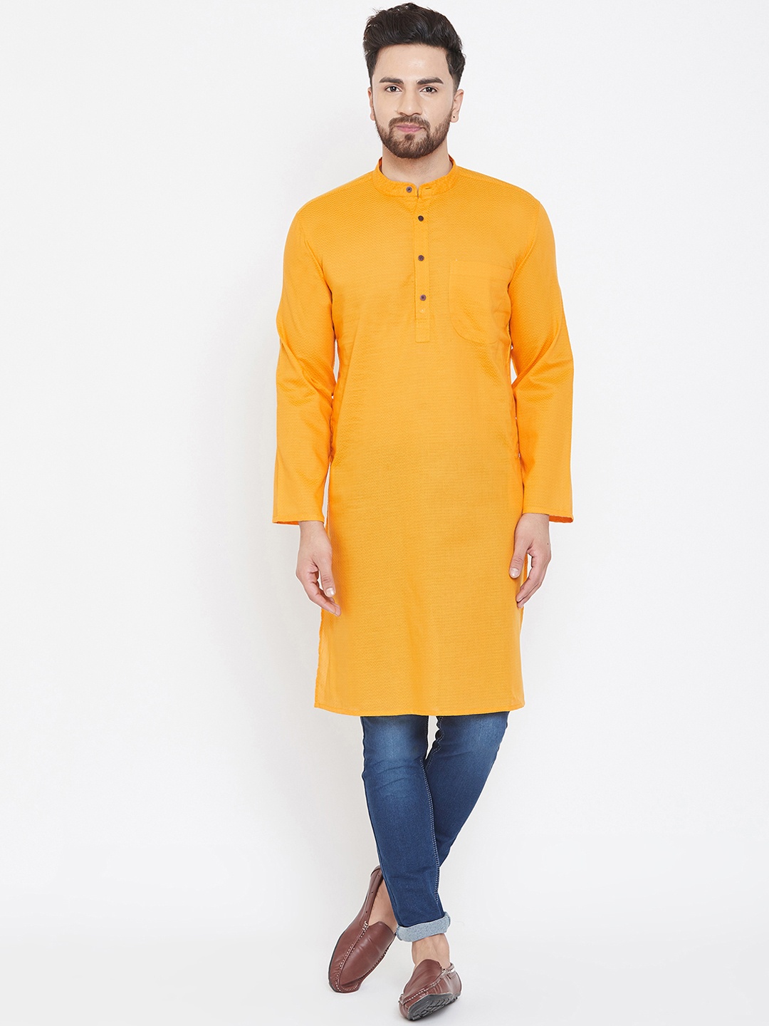 even Men Yellow Solid Straight Kurta