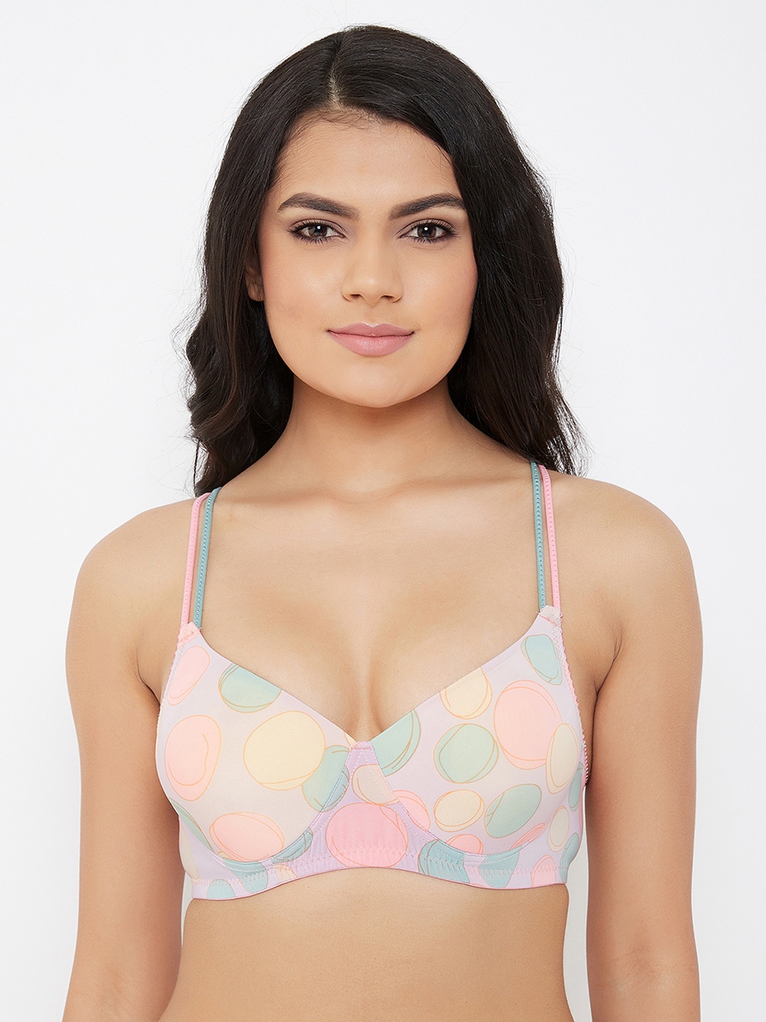

Clovia Pink & Green Printed Non-Wired Lightly Padded T-shirt Bra BR1789P1232B