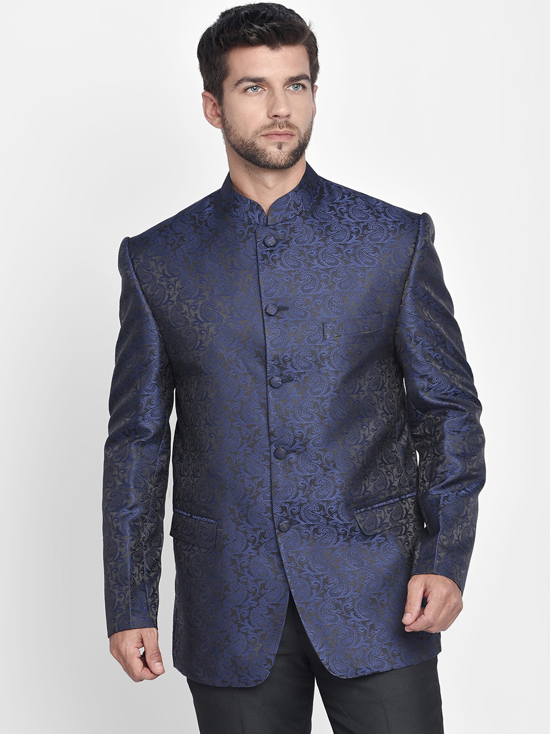 

Blacksmith Men Navy Blue & Black Self-Design Jacquard Bandhgala Blazer