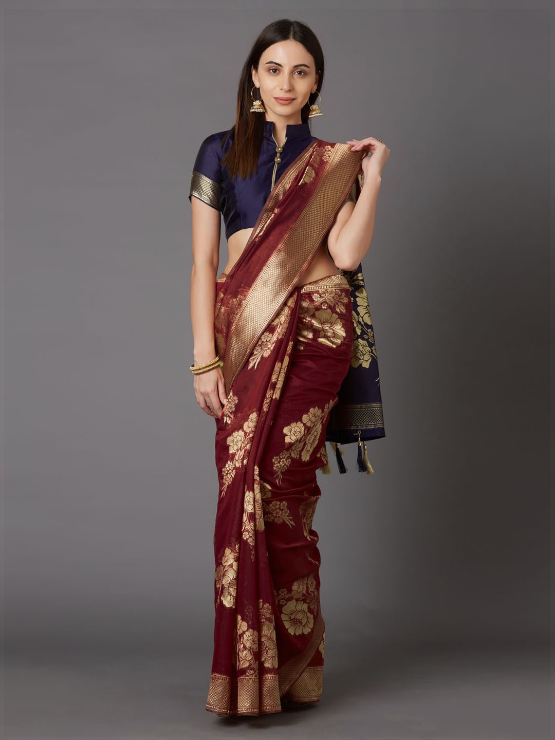 Mitera Maroon & Navy Blue Silk Blend Woven Design Kanjeevaram Saree