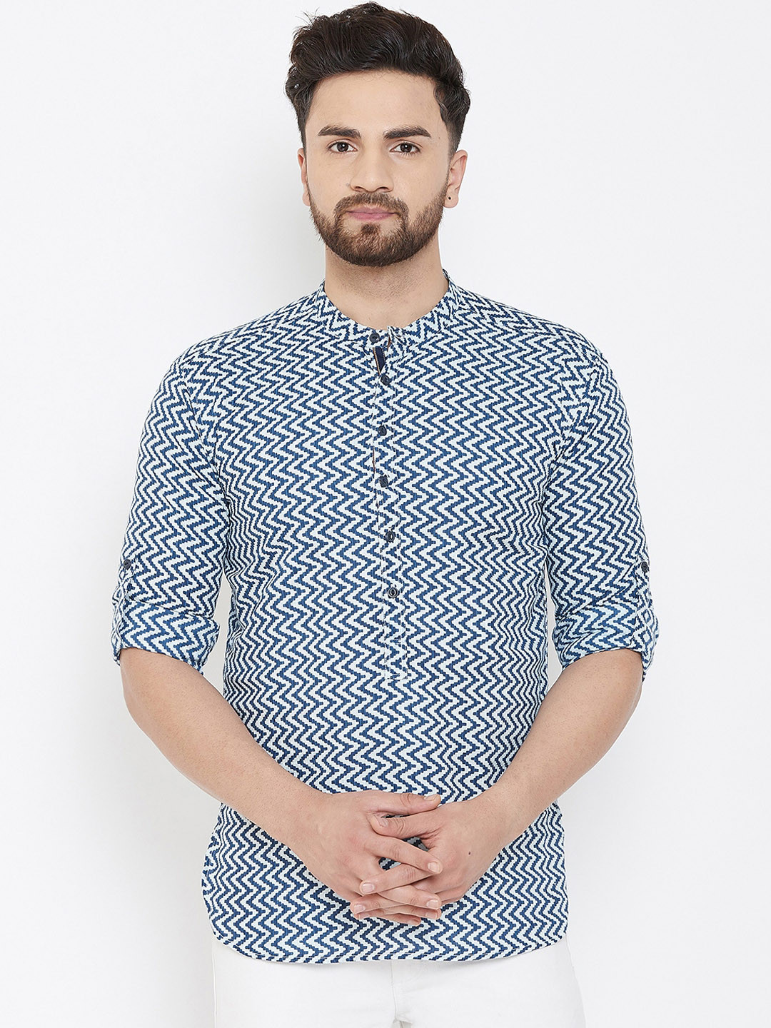 

even Men Blue & Off-White Striped Straight Kurta