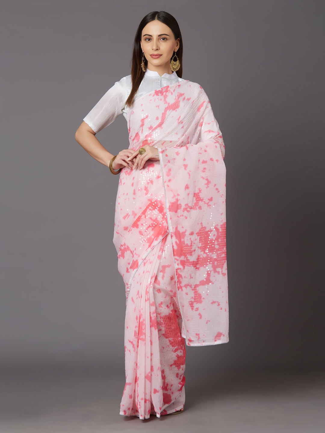 

Mitera Pink & White Poly Georgette Embellished Saree