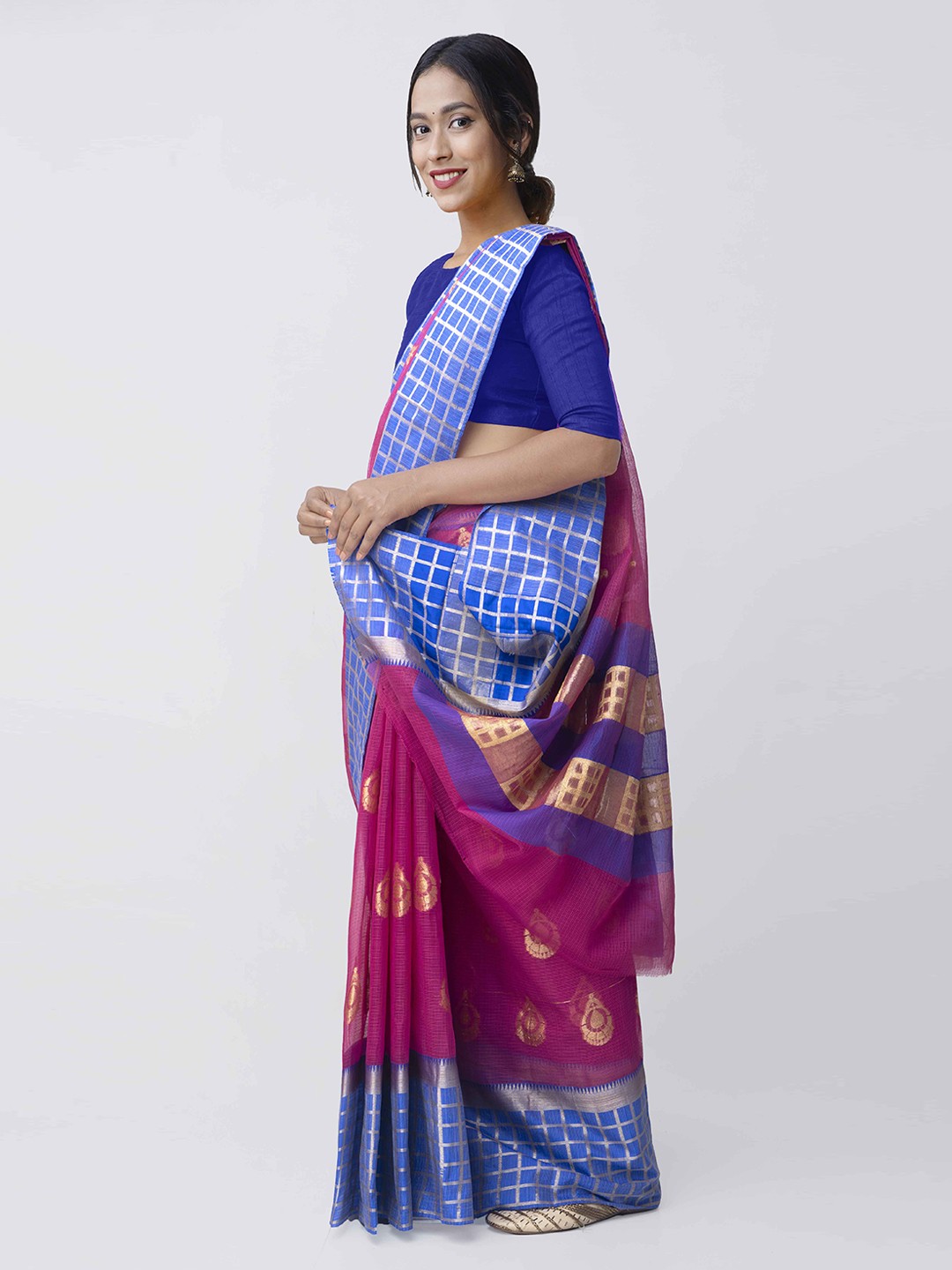 

Unnati Silks Blue & Pink Silk Cotton Woven Design Banarasi Handloom Saree