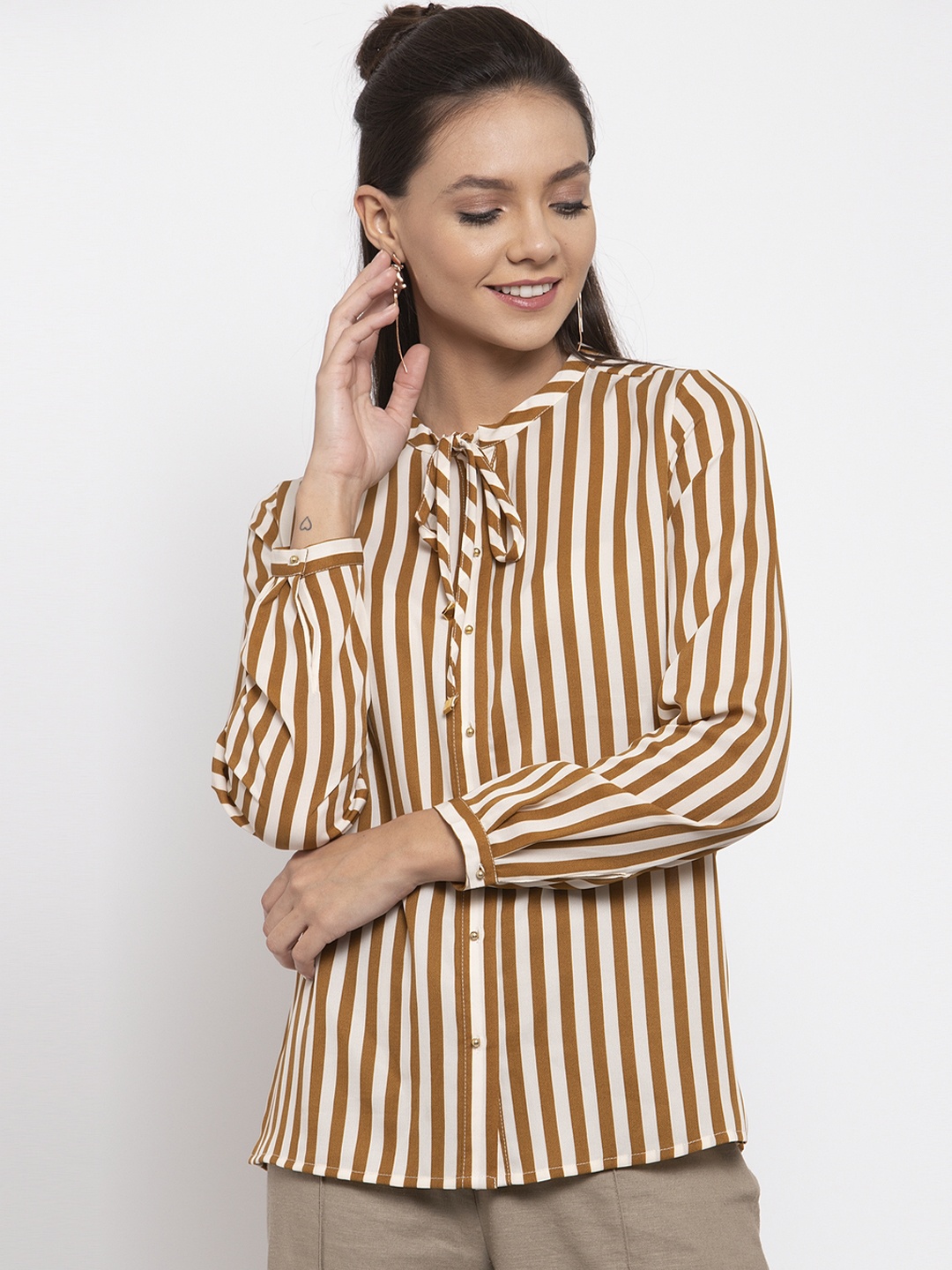 Gipsy Women Mustard Yellow Regular Fit Striped Casual Shirt