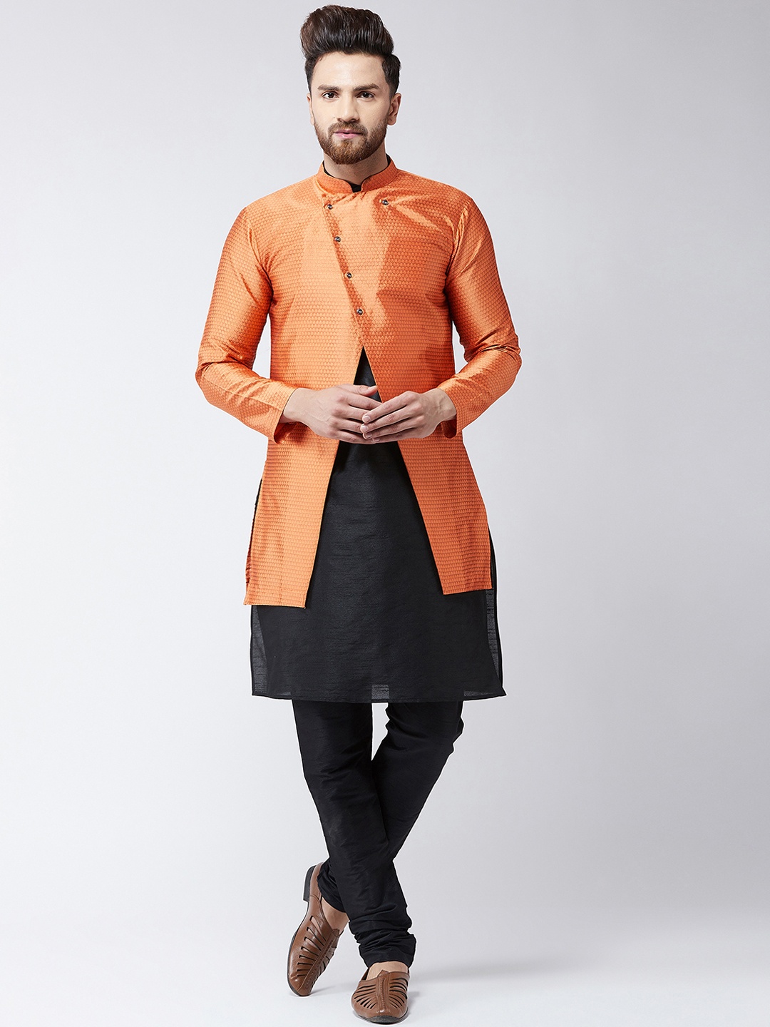 

SOJANYA Men Black & Orange Self-Design Sherwani Set