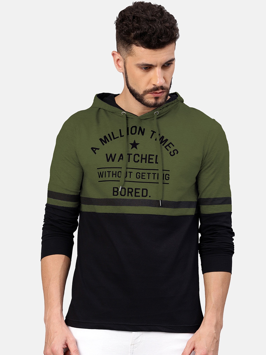 

Maniac Men Olive Green & Black Colourblocked Hood T-shirt
