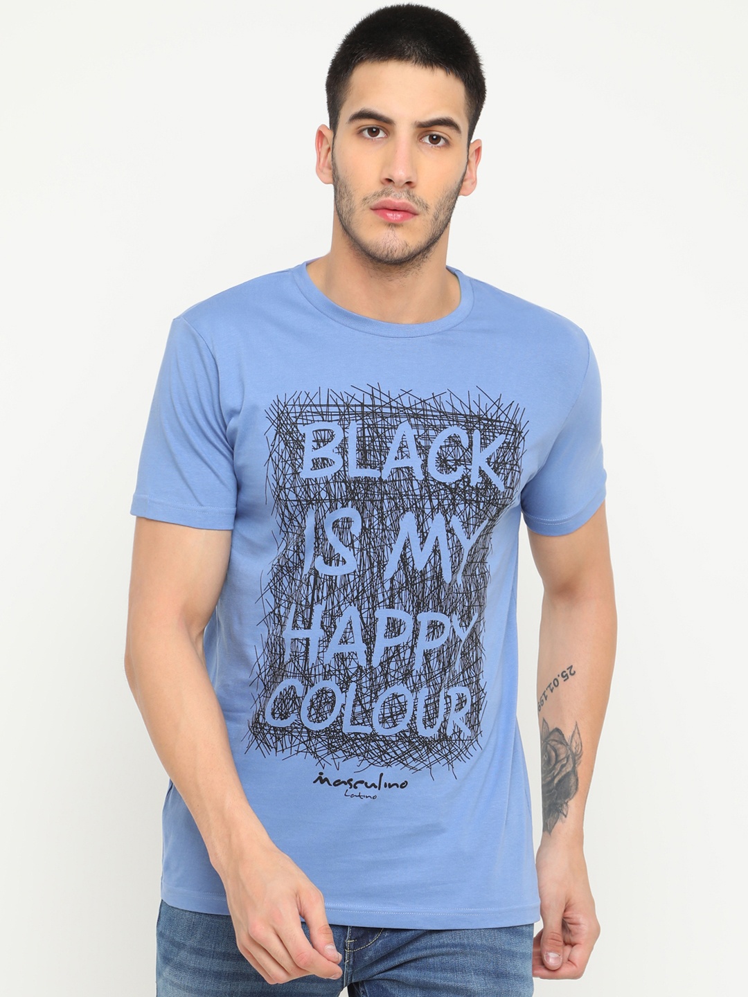 

Masculino Latino Men Blue Printed Round Neck Pure Cotton T-shirt