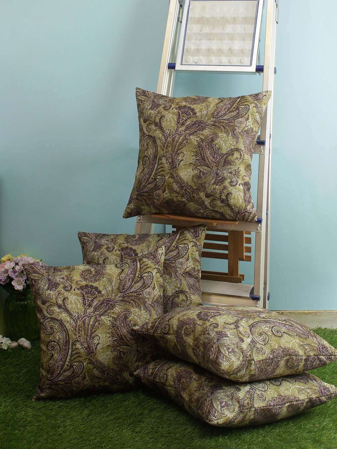 

ROMEE Green & Brown Set of 5 Ethnic Motifs Square Cushion Covers