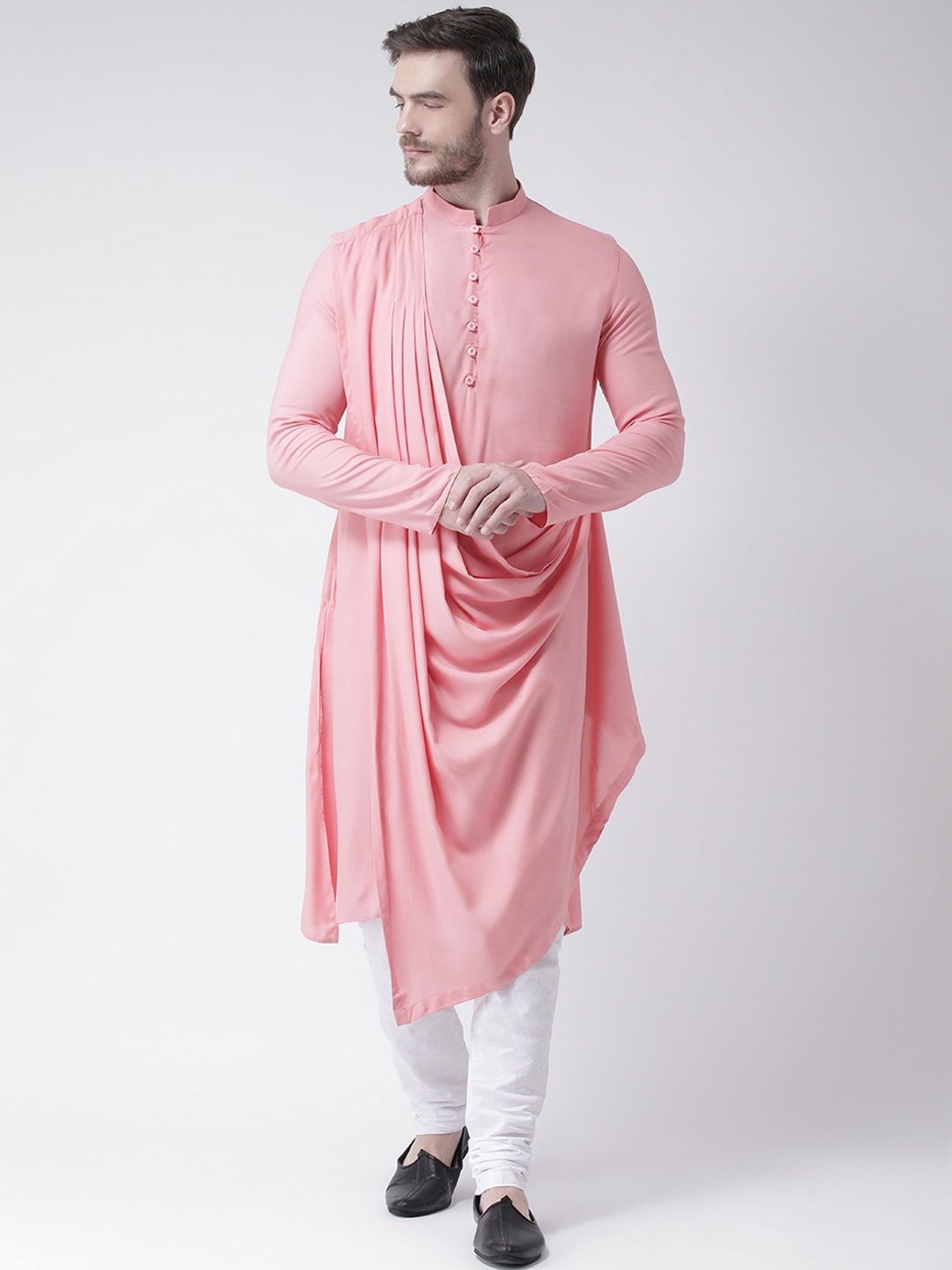 

DEYANN Men Pink & White Solid Drape Kurta with Churidar
