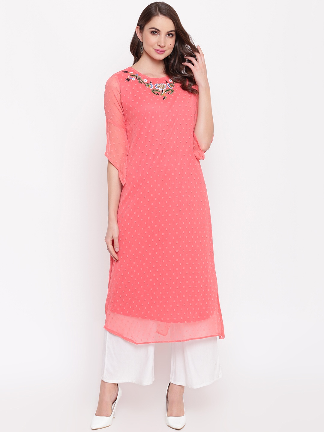 

Napra Women Pink & White embroidered Kurta with Palazzos