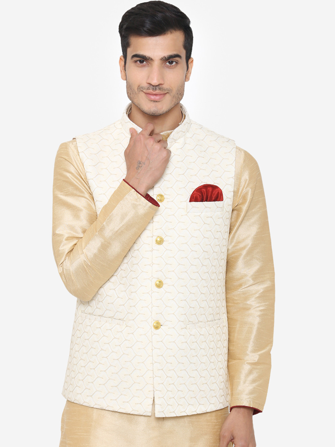 

Wintage Men Cream-Coloured Woven Design Nehru Jacket