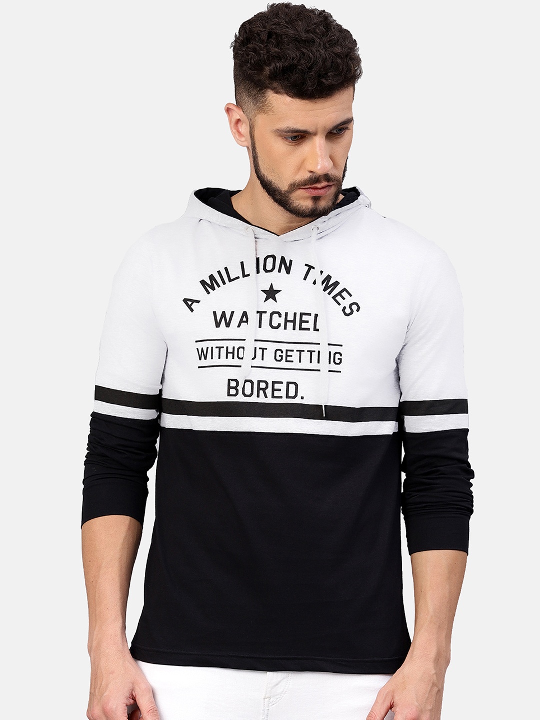 

Maniac Men White & Black Colourblocked Hood T-shirt