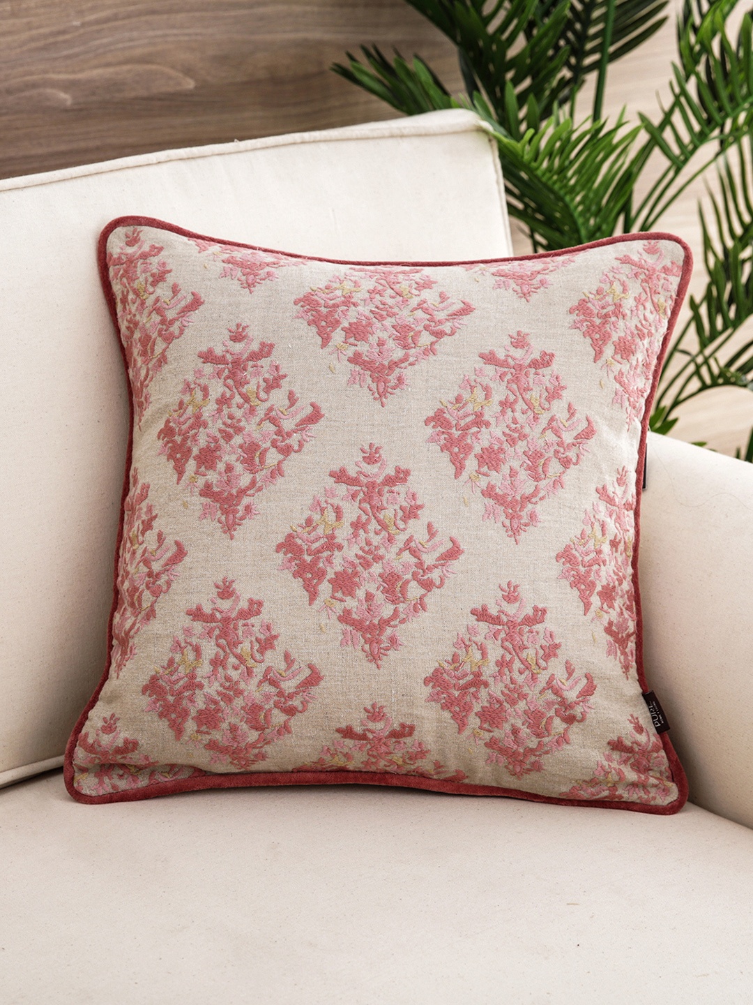 

Pure Home and Living Pink & Beige Single Embroidered Square Cushion Cover