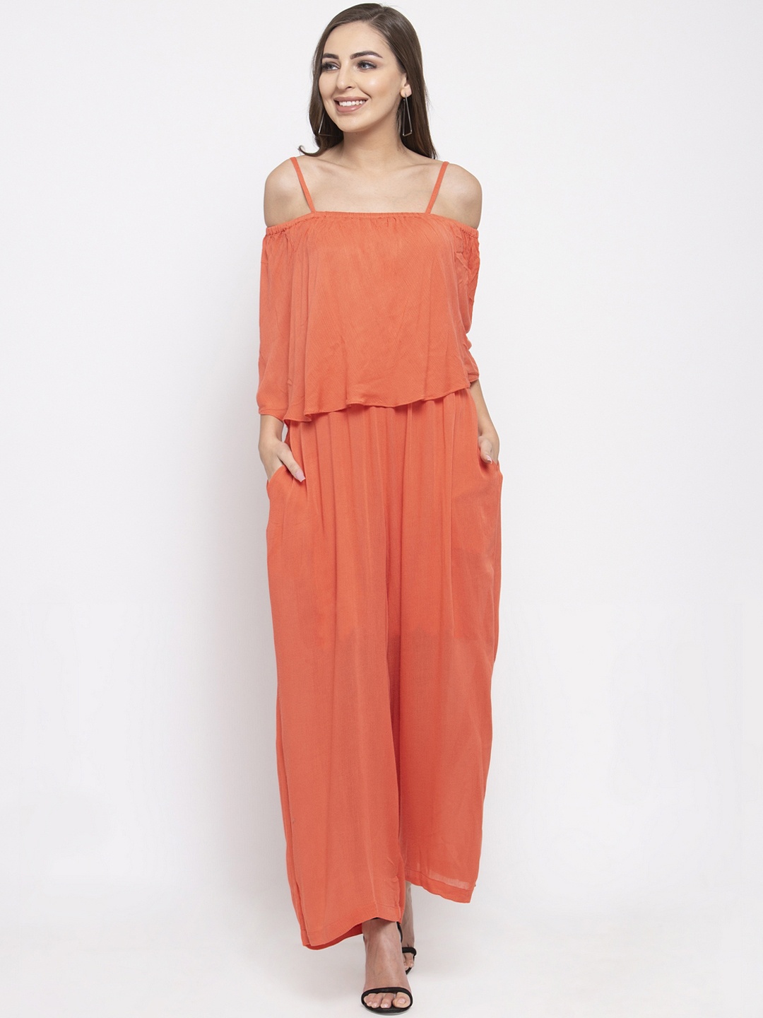 Purple State Women Orange Solid Basic Jumpsuit