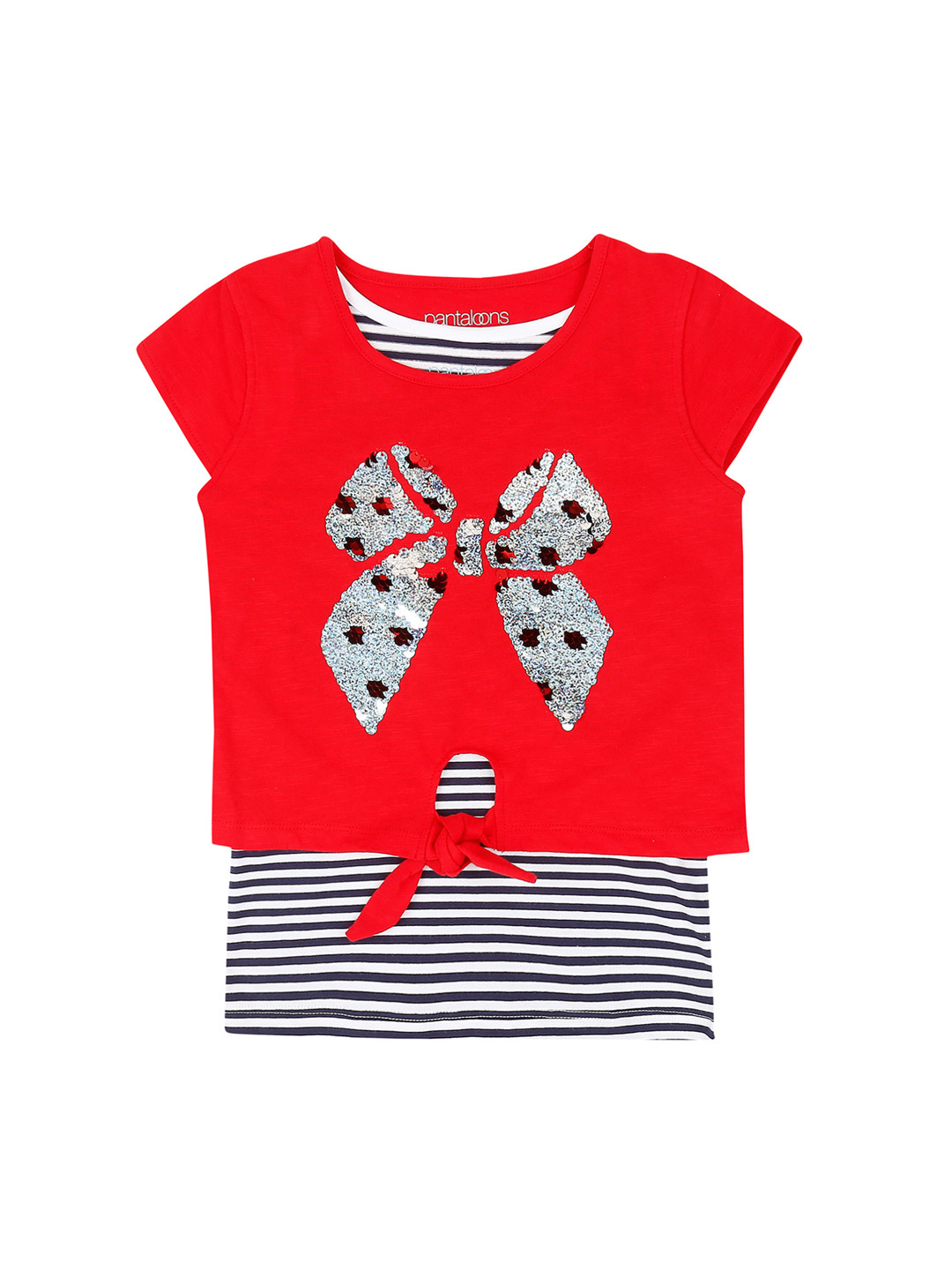 

Pantaloons Junior Girls Red Striped Round Neck Pure Cotton T-shirt