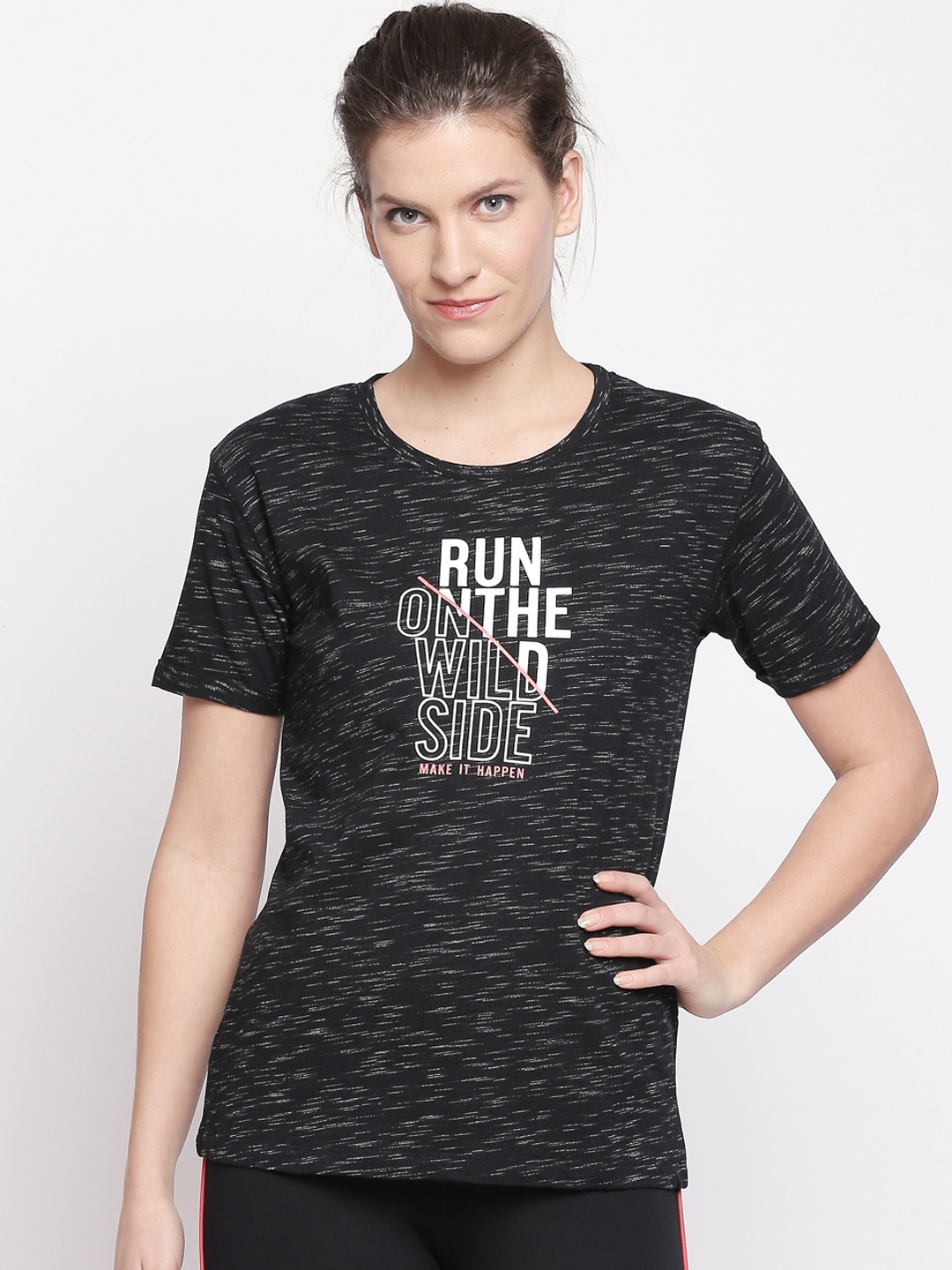 Ajile by Pantaloons Women Black & Off-White Printed Round Neck T-shirt
