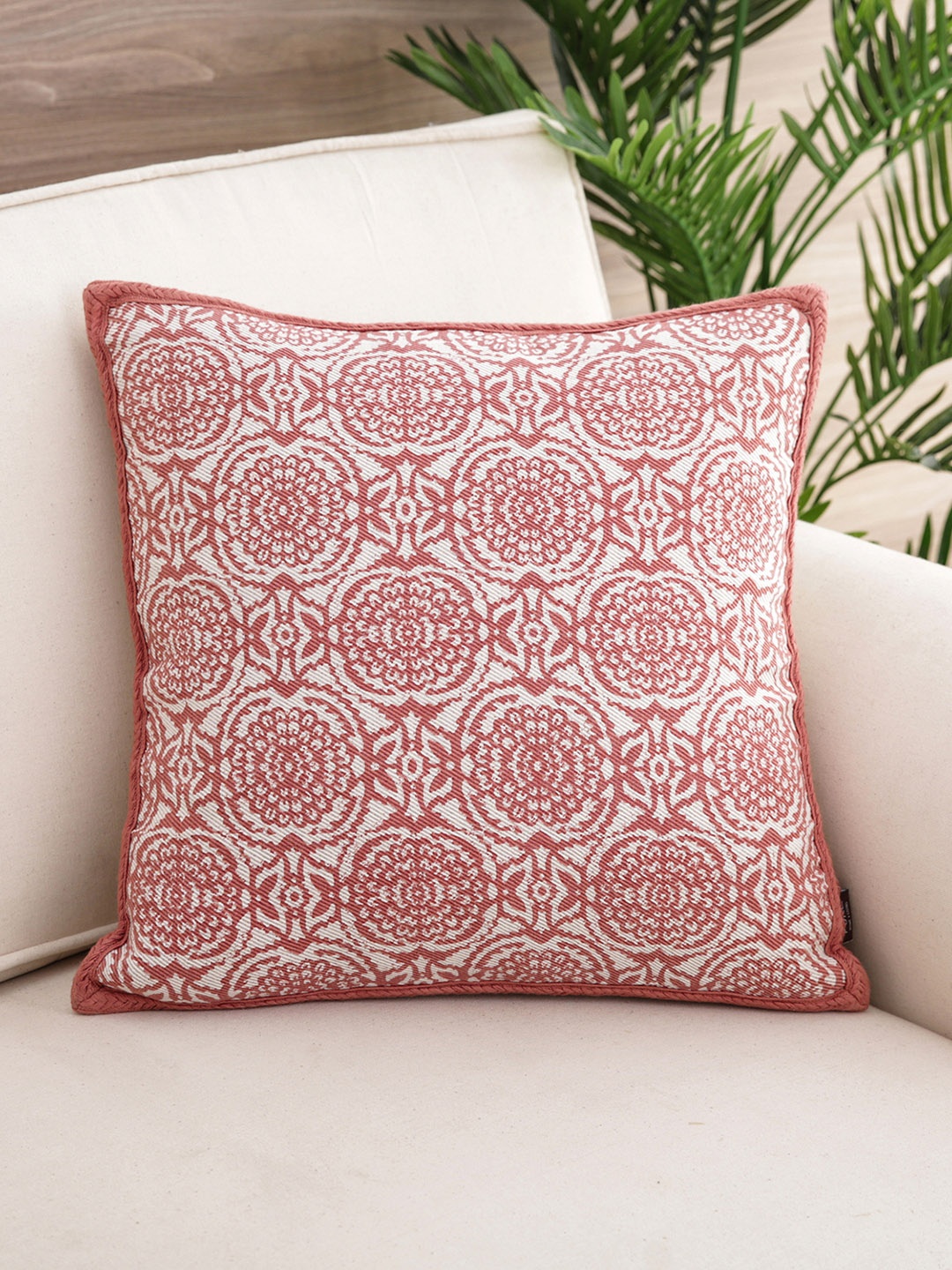 

Pure Home and Living Pink & Off-White Ethnic Motifs Square Cushion Cover