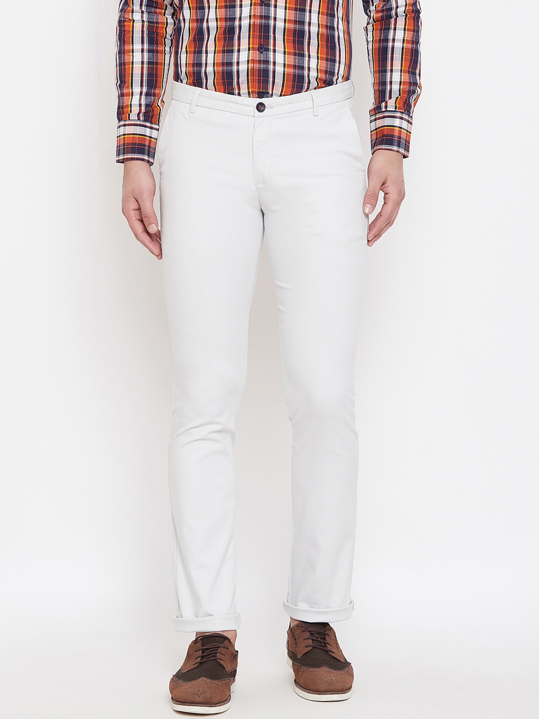 Duke Men White Slim Fit Solid Regular Trousers