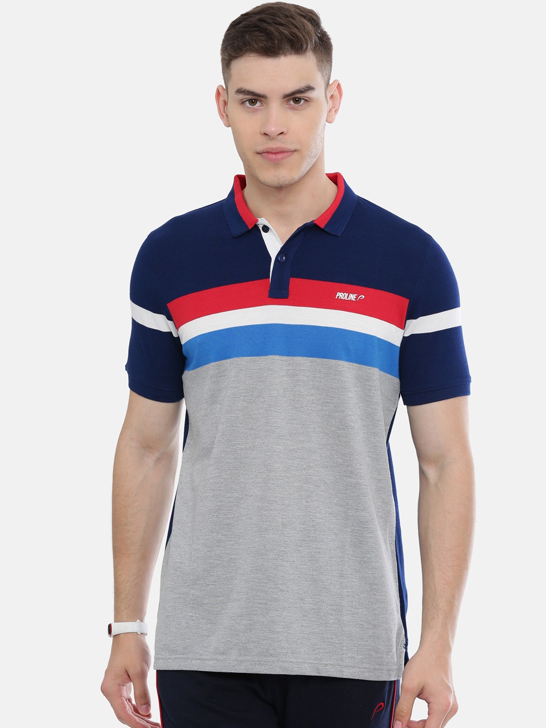

Proline Active Men Grey Navy Blue Colourblocked Polo Collar Pure Cotton T-shirt