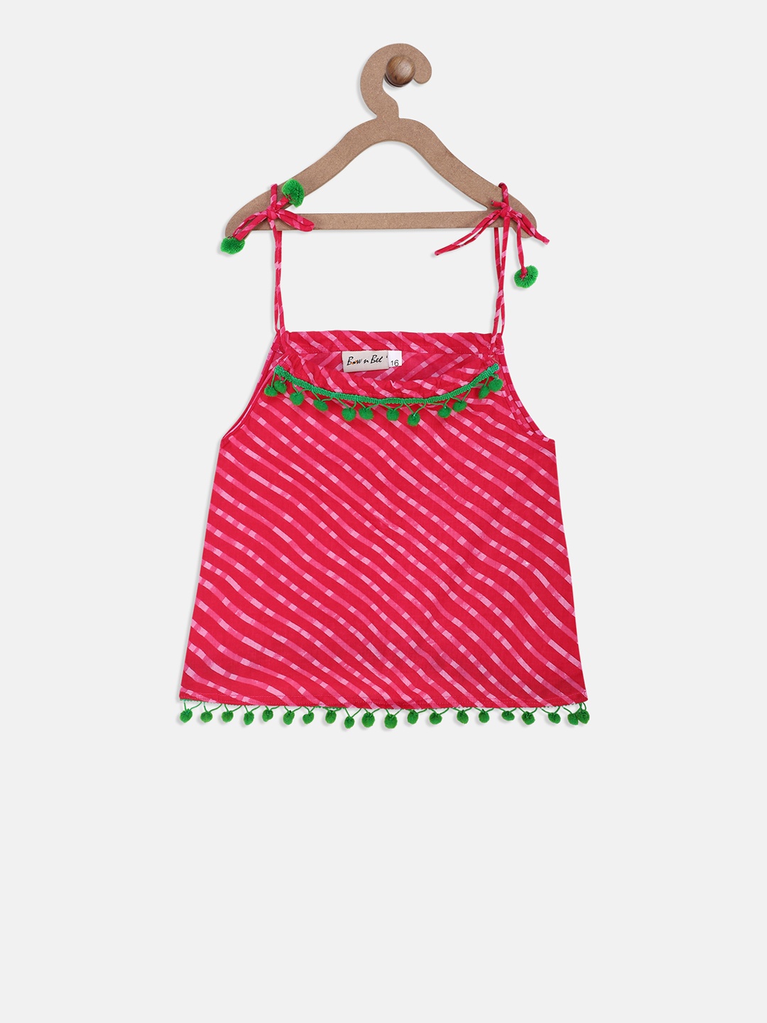 

BownBee Girls Pink & Green Striped A-Line Pure Cotton Top