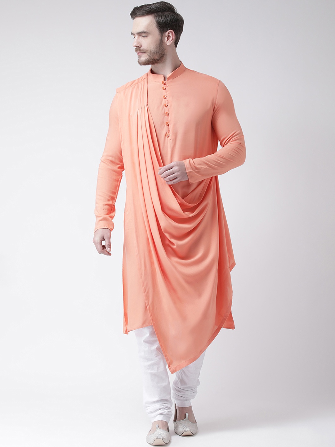 DEYANN Men Peach & White Solid Kurta with Churidar & Attached Dupatta